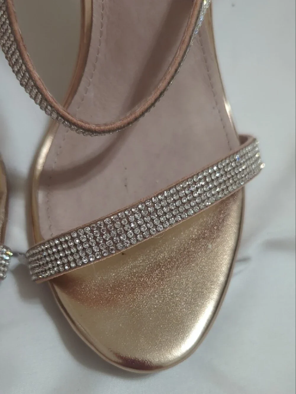 Steve Madden Smokin Rhinestone Ankle Strap Heels, Color Rose Gold Size 6.5